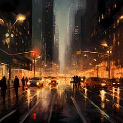 Canvas Print - A bustling city street with streaks of light from the street