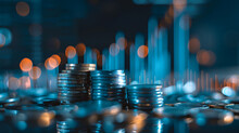AI-Generated Finance Growth: A Panoramic Vivid Blue Investment Graph Climbing Beside Coin Stacks In A Professional Digital SLR Late Afternoon Abstract Concept