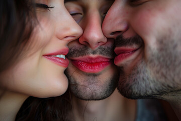 Polyamorous kissing between three people, two men and a woman in a threesome full of love and lgbt gay pride