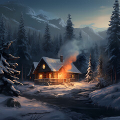 Wall Mural - A cozy winter cabin with smoke rising from the chimney