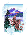 Fototapeta Młodzieżowe - This poster art illustration mashes up Mount Fuji with a Japanese crane, flames, and flowers. It's a vivid look at Japan's beauty and symbolism