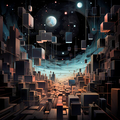 Wall Mural - A surreal nighttime cityscape with floating geometry