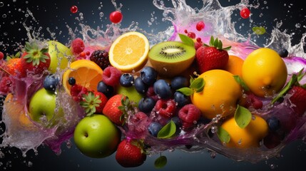 Wall Mural - Fruit splash in water apples, raspberries, strawberries, blueberries, kiwi, oranges, dark background, pop art, banner