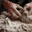 Close-up of an artists hands sculpting clay. 
