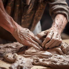 Wall Mural - Close-up of an artists hands sculpting clay. 
