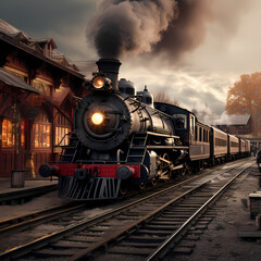 Canvas Print - Old train station with vintage locomotives.