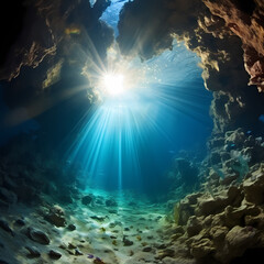 Sticker - Underwater cave with rays of sunlight filtering through the top