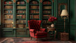 Classic Victorian reading room, with a deep forest green wall, claret red wingback chair, and dark oak bookshelves filled with leather-bound classics and a porcelain vase of deep red peonies.
