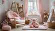 illustration d'une chambre d'enfant une fille dans les teintes beige et rose décorée avec des ours en peluche fauteuil étagère