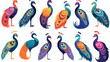Colorful peacocks set of cartoon illustration vecto
