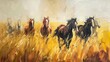 Dynamic oil painting of majestic horses galloping through a golden grain field, expressive animal art