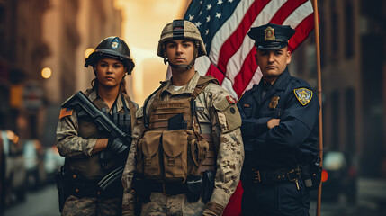 Unity in Service: US Flag Embraced by Soldier, Officer, and Firefighter