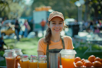 a young entrepreneur at a bustling city park juice stand, serving fresh juice made from oranges, app