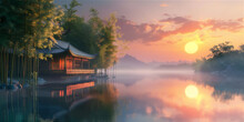 Calm Lake In Foggy Sunset With Asian Traditional House And Bamboo Trees