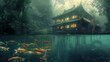 Clear river in half under water view with colorful Koi goldfishes under water and Asian traditional house with bamboo trees at foggy morning