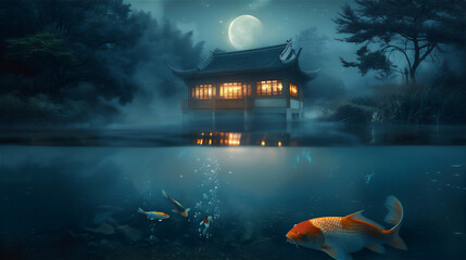 Wall Mural - Clear river in half under water view with colorful Koi goldfishes under water and Asian traditional house with bamboo trees at blue midnight and moon