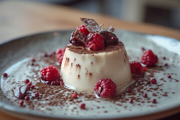 Wall Mural - Panna cotta with raspberries and cacao powder on plate.