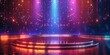 Futuristic neon stage with vibrant lights and glowing particles, ideal for modern event backgrounds.