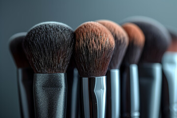 Canvas Print - Glossy makeup brushes arranged neatly on a white background. Concept of beauty and cosmetics. Generative Ai.