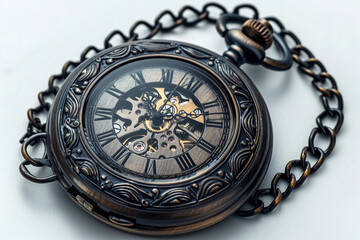 Wall Mural - Vintage pocket watch with an ornate chain isolated on a white background. Concept of timeless elegance. Generative Ai.