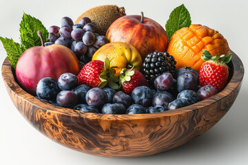 Sticker - Assorted exotic fruits in a wooden bowl isolated on a white background. Concept of tropical flavors. Generative Ai.