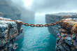 Broken chains forming a bridge between two cliffs, representing the connection between freedom and overcoming challenges. Concept of liberation bridge. Generative Ai.