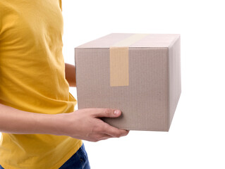 Sticker - Courier with parcel on white background, closeup