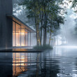 Scenic foggy morning on the calm river with modern house and trees