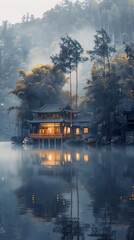 Wall Mural - Scenic misty morning on the calm lake with Asian traditional house