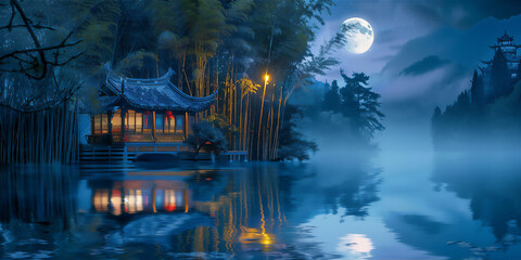 Wall Mural - Scenic Misty Night with full moon over the lake with Asian traditional house and bamboo trees