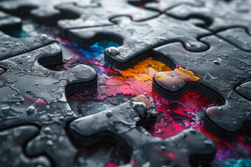 Wall Mural - a black and white puzzle revealing its colorful image as the pieces come together, symbolizing the c