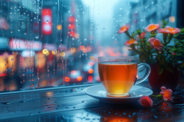 Sticker - The comforting warmth of a cup of tea on a rainy day, bringing solace and happiness. Concept of cozy contentment. Generative Ai.