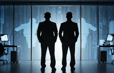 Sticker - two businessmen silhouette in high tech office 