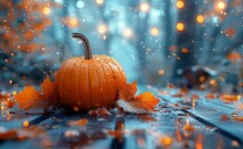Beautiful Pumpkins And Autumn Leaves On A Background With A Side Effect. The Concept Of Celebrating Thanksgiving And Halloween. A Horizontal Banner With Space For Text.
