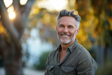 Poster - A man with a beard and gray hair is smiling and wearing a green shirt