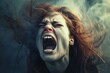 Intense woman expressing strong emotion - Dramatic image of a woman with windswept hair screaming, conveying a powerful emotional outburst