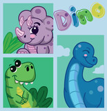 Fototapeta Dinusie - dinosaur banner set, children's illustration of t-rex, triceraptops and long neck, cartoon dinosaur banner