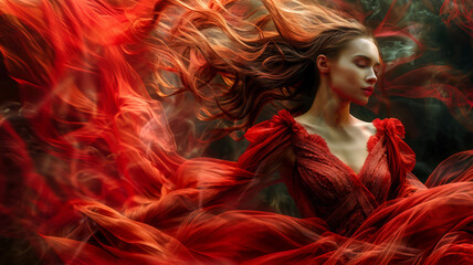 Wall Mural - A surreal dreamlike image of a woman in a red dress with firey red hair.