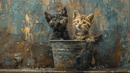 Two cute kittens sitting in a rusty bucket - Adorable black and ginger kittens with sparkling eyes huddled together in an old, weathered metal bucket against a grunge backdrop