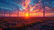 Wind farm field and sunset sky. Wind power. Sustainable, renewable energy. Wind turbines generate electricity. Sustainable development. Green technology for energy sustainability. Eco-friendly energy