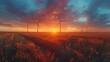 Wind farm field and sunset sky. Wind power. Sustainable, renewable energy. Wind turbines generate electricity. Sustainable development. Green technology for energy sustainability. Eco-friendly energy