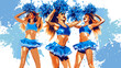 three cheerleaders in blue outfits with pom poms