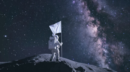 Poster - A man in a spacesuit stands on a moon like surface holding a white flag.