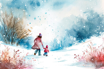 Wall Mural - A woman and a child are walking in the snow, with a house in the background