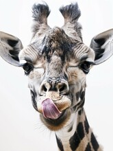 A Close-up View Of A Giraffe With Its Long Tongue Hanging Out Of Its Mouth, Showcasing Its Unique Feeding Behavior