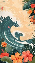 Wall Mural - Asian waves and tropical flowers, banner for AAPI in may