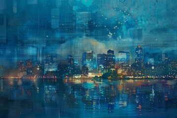 Wall Mural - An atmospheric wallpaper design featuring a bustling city skyline at twilight, with twinkling lights, bustling traffic, and reflections dancing on the water, Generative AI