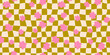 Seamless floral checkerboard pattern. Repeating distorted checkered texture with daisy flowers. Groovy trippy background. Vintage retro wallpaper for textile, fabric, wrapping paper. Vector surface