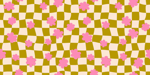 Wall Mural - Seamless floral checkerboard pattern. Repeating distorted checkered texture with daisy flowers. Groovy trippy background. Vintage retro wallpaper for textile, fabric, wrapping paper. Vector surface