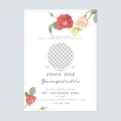 Wall Mural - Floral funeral invitation template, roses on white background